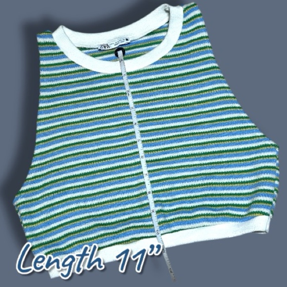 GUC ZARA Striped Crew Neck Cropped Tank Top in Blue and Green. Size Medium - Picture 4 of 7